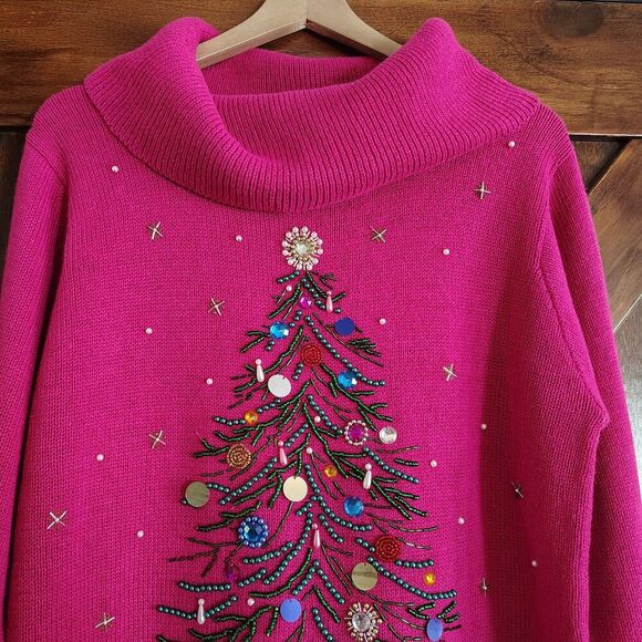 Vtg BP Design Christmas Tree Sweater Embellished Beaded Flashy Colorful Large - Picture 2 of 11